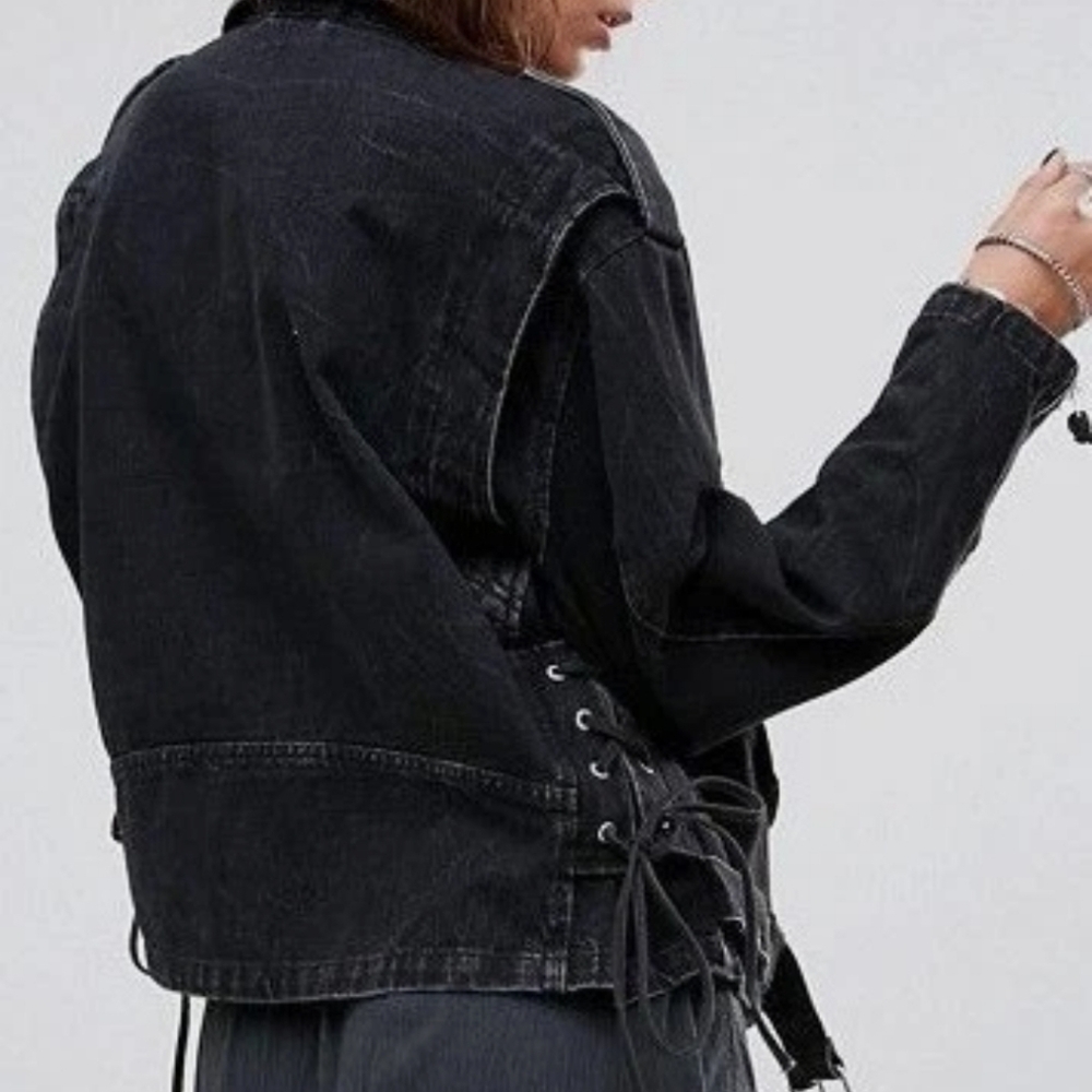 Free People Oversized Denim Belted Moto Jacket In Washed Black Size Small - Picture 3 of 8